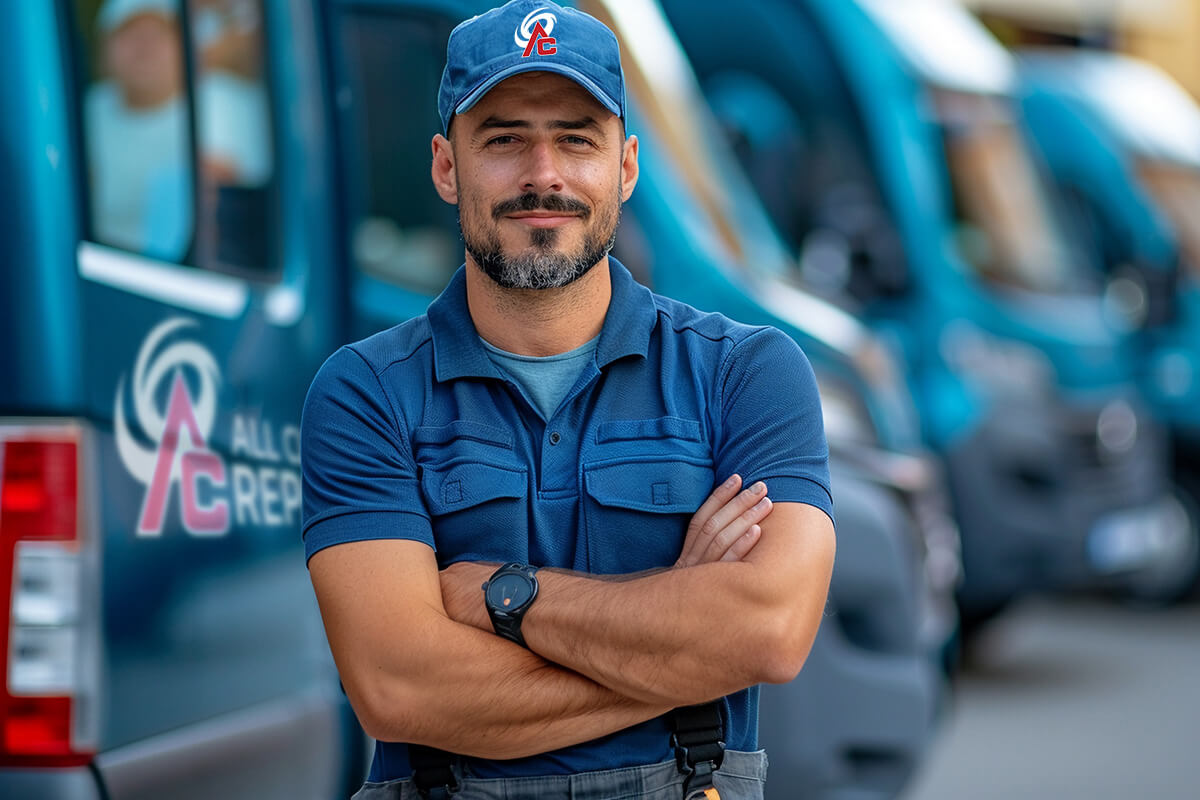 ac-repair-guy An AC repair technician in a blue shirt and cap poses in front of multiple trucks, ready for service.